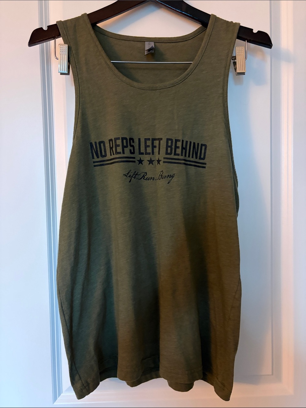 Next Level Apparel Olive Green Muscle Tee with 'No Reps Left Behind' Print